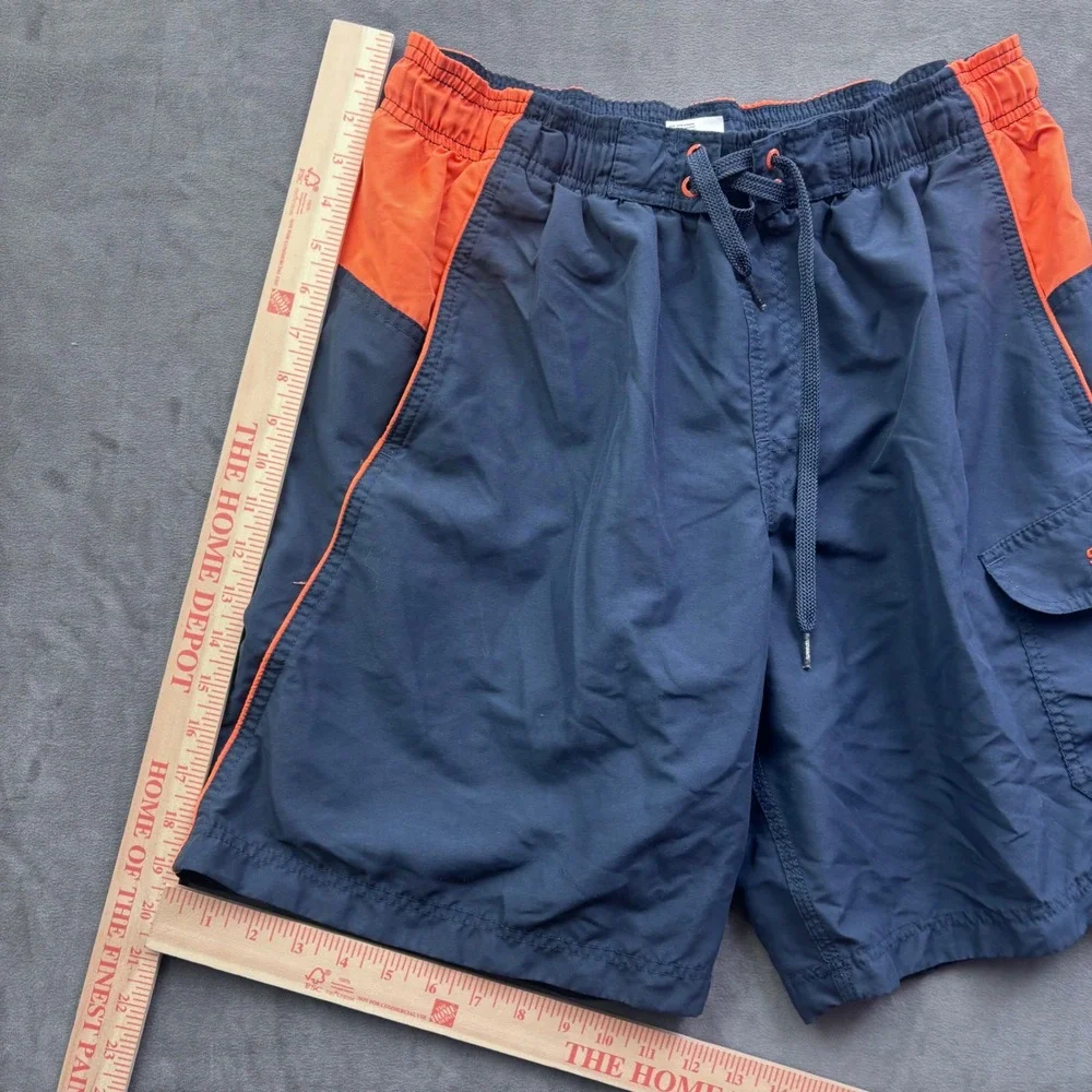 Speedo Mens Swim Trunks Navy Orange Colorblock Cargo Pocket Small